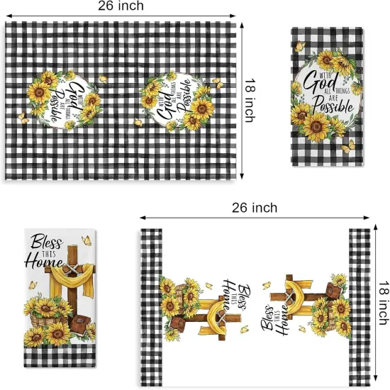 God All Things are Possible Christian Kitchen Dish Towels Set of 2, Religious Cross Sunflower Spring Summer Hand Towels Drying Baking Cooking Cloth, Fall Plaid Farmhouse Home Decor 18x26 {2}