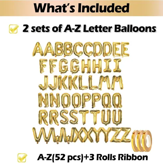 [52 PCS] 16" Foil Gold Letter Balloons 2 Sets of A-Z, Mylar Aluminum Hanging Alphabet for Graduation New Year eve Birthday Party Decorations {2}