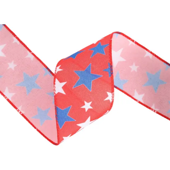 LaRibbons 2 1/2" Wired Ribbon | Red w/ White/Blue Stars | 10 Yards {5}