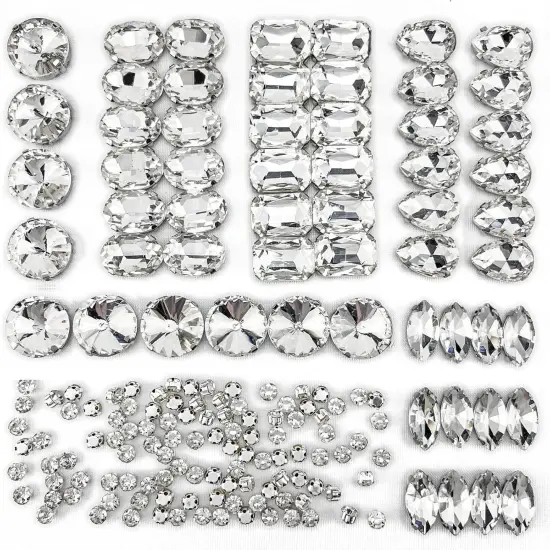 160PCS Glass Sew on Rhinestones, Flactback Sew On Claw Crystals for Crafts Costume Clothes Jewelry (Crystal Clear/White, Mixed Shapes) {1}