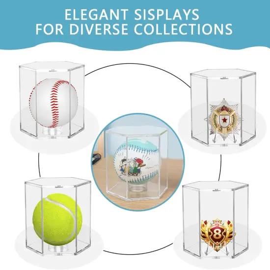 Baseball Display Case UV Protected Acrylic Clear Hexagon Baseball Holder for Tennis Balls,Coins,Memorabilia,with 1 Ball and 2-Coin Racks for Official Size Ball (Hexagon 2 Pack) {2}