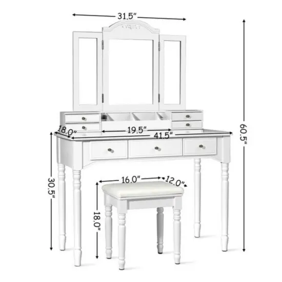 Makeup Dressing Table with Tri-Folding Mirror and Cushioned Stool Perfect for Women White {4}