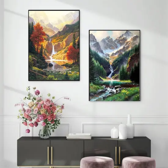 2-Piece Diamond Painting Kits for Adults，5D DIY Full Drill Round Art Gems Mountains Waterfall Diamond Art Perfect for Home Wall Deco Diamond Decor {3}