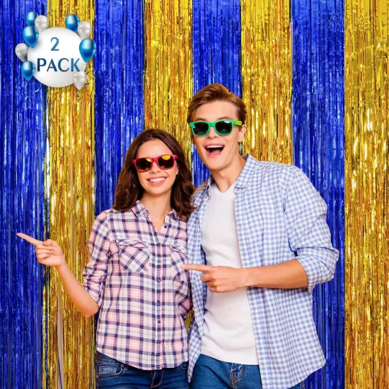 2 Pack Navy Blue and Gold Party Decorations, 3.3x6.6 ft Foil Fringe Curtains, Tinsel Backdrop, Graduation Photo Booth Prop Streamer Backdrop for Birthdays, Ramadan, Retirement, Graduations {2}