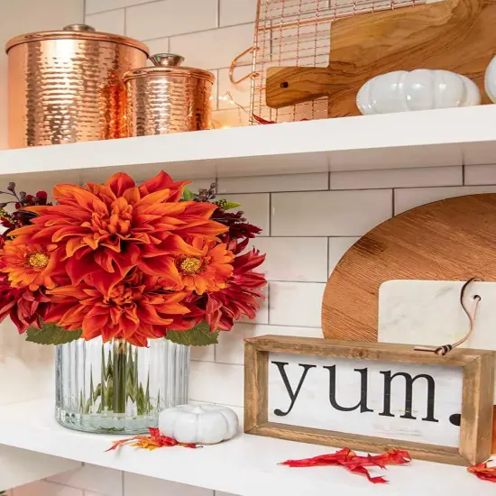 Fake Fall Flowers with Vase, Artificial Dahlia & Mum Silk Floral Arrangement with Glass Vase Faux Autumn Flowers Bouquet for Home Office Room Coffee Table Centerpiece Wedding Decoration {4}