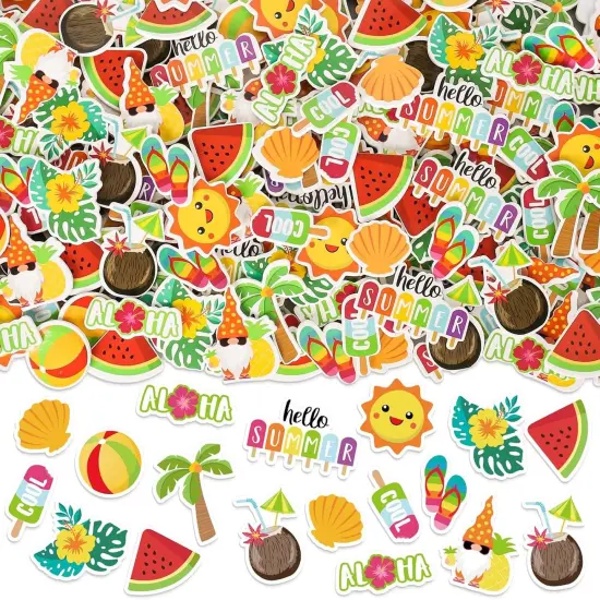 300Pcs Summer Foam Stickers Hello Summer Gnome Tropical Beach Watermelon Hawaii Decals Mixed Bulk Cartoon Self-Adhesive Decorative for DIY Art Craft Scrapbook Journal Party Supplies {1}