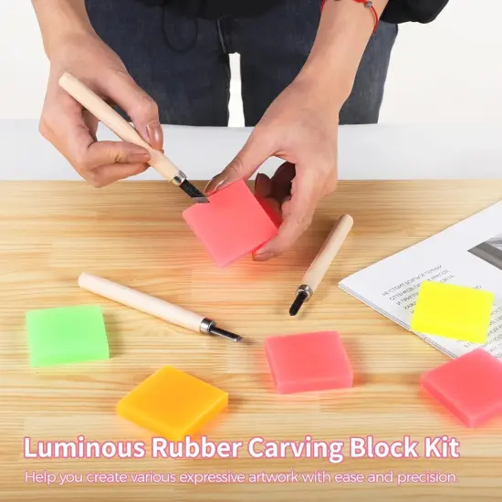 52 Pcs Linoleum Blocks Kit, Luminous Rubber Stamp Carving Blocks with 4 Carving Tools, Block Printing Kit for Printmaking, Square Colored Rubber Blocks for DIY Crafts {2}