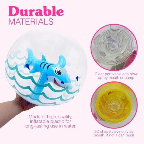 Summer 3D Beach Balls - 4 Pack 13" Inflatable Pool Toys, Flamingo, Mermaid, Shark, Sea Horse Unique Pool Ball, Ocean Under The Sea Party Decorations for Kids Toddlers Adult {3}