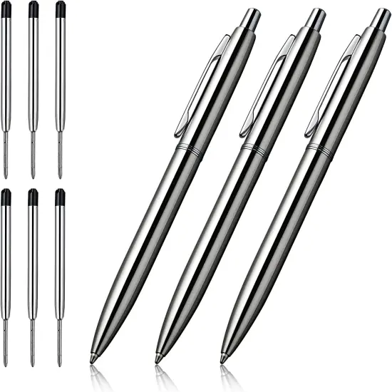 3 Pcs Retractable Metal Ballpoint Pens, for Gift, Business, Office, 1.0mm Medium Point Black Ink, 6 Extras Replaceable Metal Refills - Stainess Steel {1}