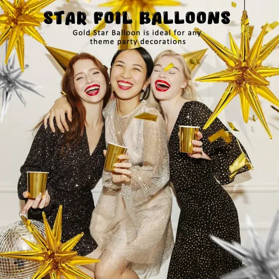 9 Pcs Gold Star Foil Balloons, Huge 4D Explosion Star Aluminum Foil Mylar Balloons, 22 inch Gold star Balloon for Birthday {3}