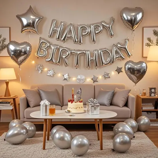 27 Pcs Silver Birthday Decorations, 3D Foil Silver Happy Birthday Balloon Banner {2}