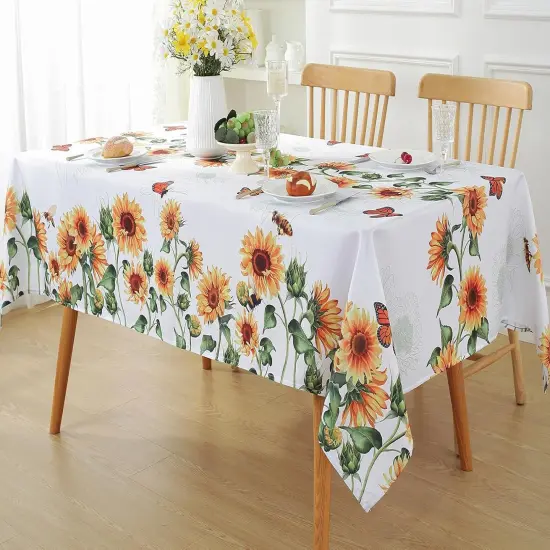 Sunflower Table Cloths 60 x 84 Inch Rectangle Summer Tablecloth, Water Proof Wipe Clean Dust-Proof White Polyester Fabric Table Cover for Fall Kitchen, Party, Picnic, Indoor, Outdoor {4}