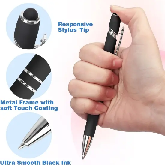 8 Pack Black Ballpoint Pen 2-in-1 Stylus - Retractable Metal Pen With Stylus Tip for Touch Screens, 1.0 mm Black Ink {2}