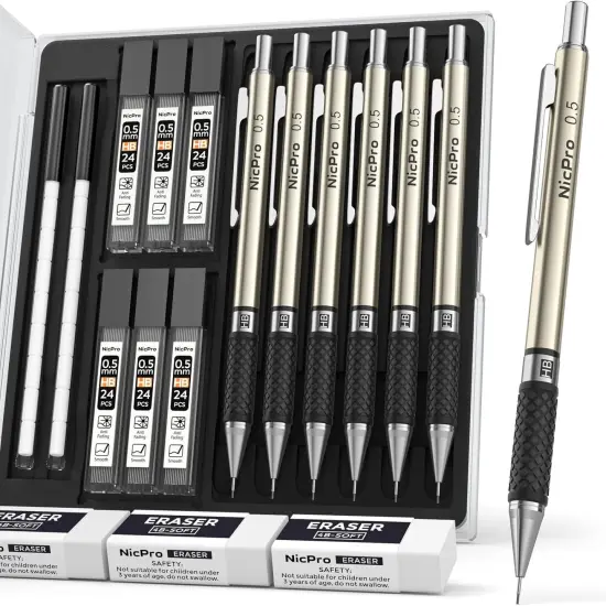 0.5 mm Art Mechanical Pencils Set in Gift Case, 6 PCS Metal Drafting Pencil 0.5mm with 6 Tube HB Lead Refills & 18 PCS Eraser Refills for Adults, Children, Artist Writing, Drawing, Sketching {1}