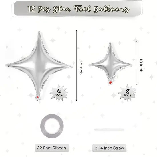 12 Pcs Four Angle Star Balloons,26 Inch and 10 Inch Silver Star Foil Balloons,Quadrangle Balloon Mylar Balloons Helium Balloons for Birthday Party Anniversary Wedding Baby Shower Decorations (Silver) {2}