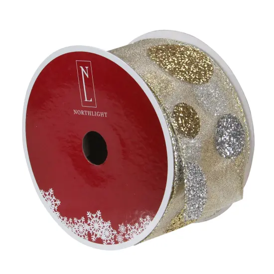 Northlight Glitter Gold and Silver Polka Dotted Christmas Wired Ribbon 2.5" x 16 Yards {4}