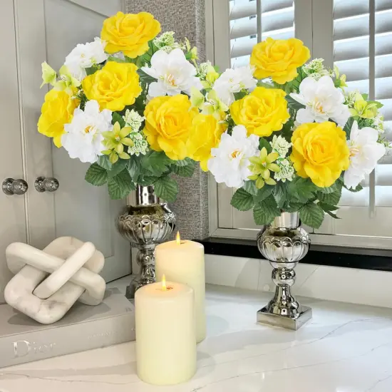 Summer Bouquet Flowers for Grave 2 Bundles Yellow White Rose Lily Bouquets {4}