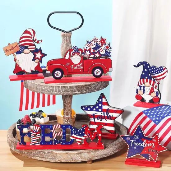 6 Pieces Patriotic Table Decor Memorial Day Table Decorations Wooden Gnome Freedom Truck Star 4th of July {2}