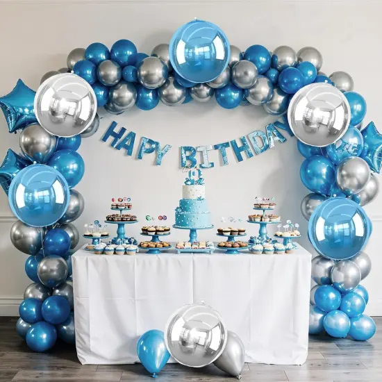 6Pcs Blue Silver Round Mylar Foil Balloons, 22inch 4D Metallic Silver Blue Mylar Balloons, Large Round Foil Ball Balloon for Boys Men {3}