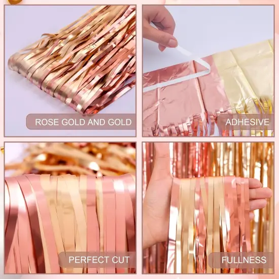 2 Pack Rose Gold Birthday Decorations, 3.3x6.6ft Pink and Gold Foil Fringe Curtains, Tinsel Streamers Backdrop Photo Booth Props for Bridal Shower Ballerina Valentine's Party Decor {4}