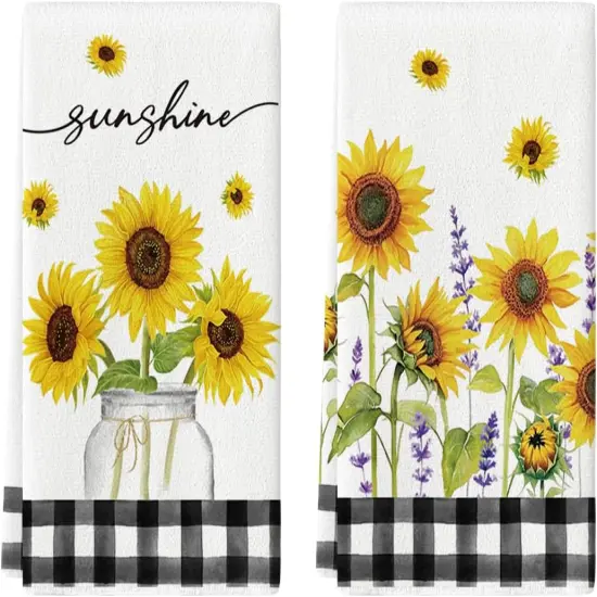 Buffalo Plaid Sunflowers Sunshine Summer Kitchen Towels Dish Towels, 18x26 Inch Farmhouse Summer Decoration Hand Towels Set of 2 {1}