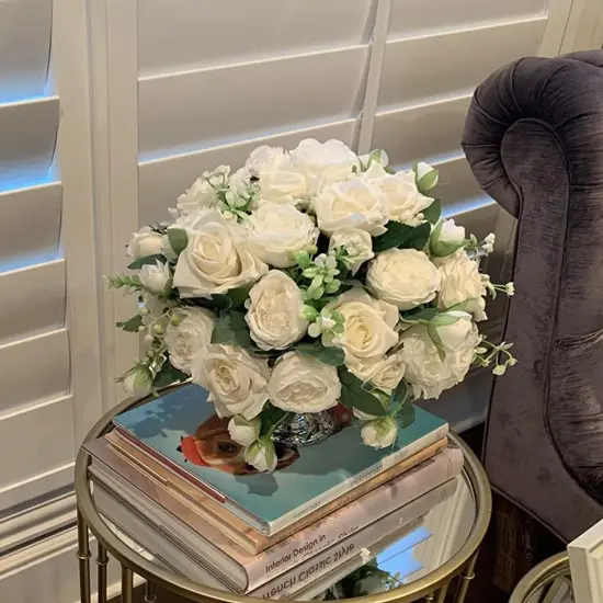 Artificial Summer Tabletop Floral Arrangements Peonies Silk Flowers, White Faux Peony Bouquet 4 Bundles Florals Arrangements Decor {2}