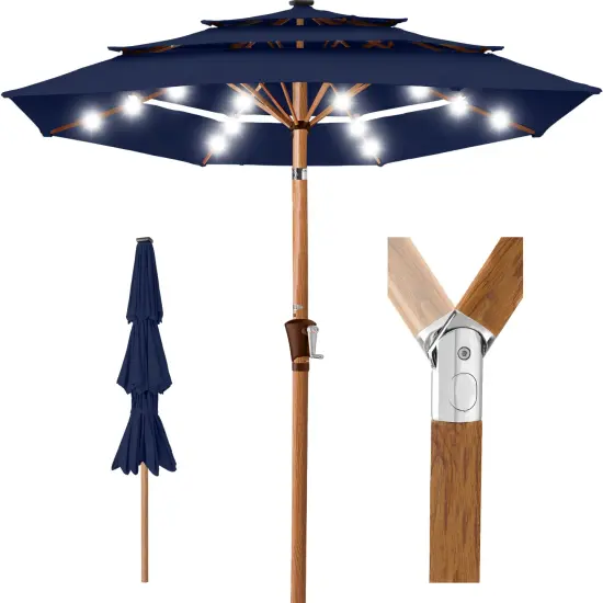 Best Choice Products Woodgrain Pattern 10ft 3-Tier Solar Patio Umbrella w/ 24 LED Lights, Tilt Navy Blue {1}