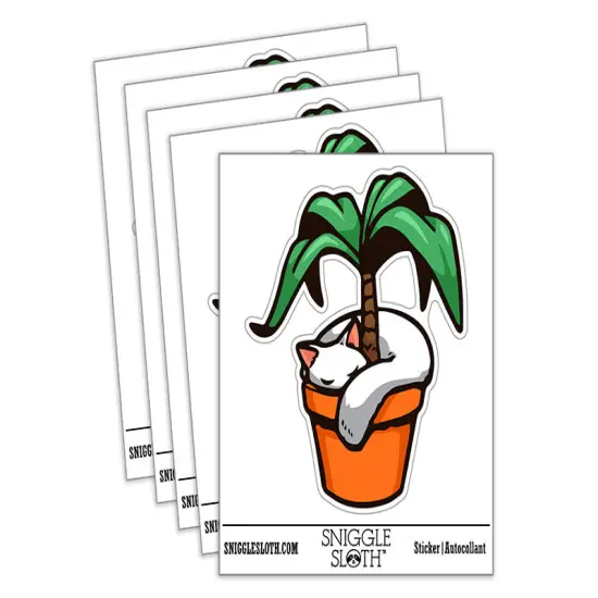 Water Bottle Sticker Set Cat Sleeping In Tree Plant Pot Cute Waterproof Vinyl Stickers Pack Decal, Skateboard, Laptop, Car, Window, Bumper - 5 Pack {2}