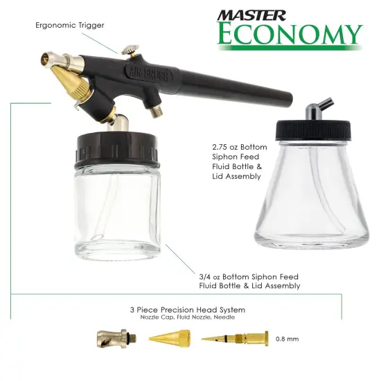 Master Economy E96 Single-Action External Mix Siphon Feed Airbrush Set with 0.5mm Tip Broad Spray Pattern & 5 ft. Air Hose {2}