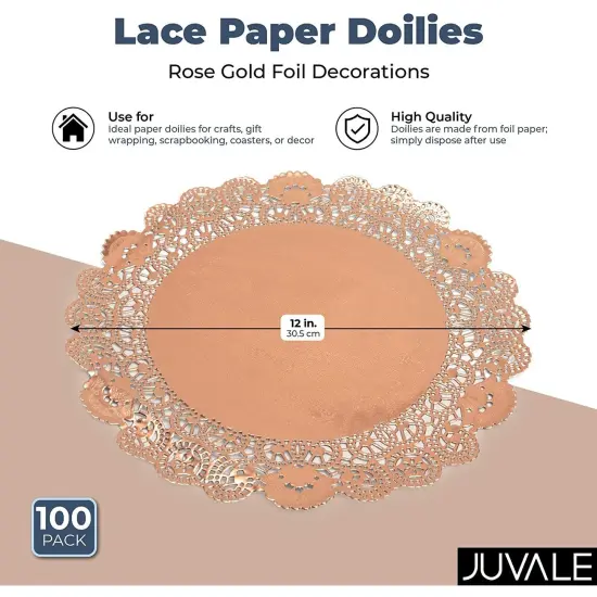 100 Pack Round Lace Paper Doilies, 12 Inch Rose Gold Placemats for Desserts, Cakes, Pastries, Table Decorations {3}
