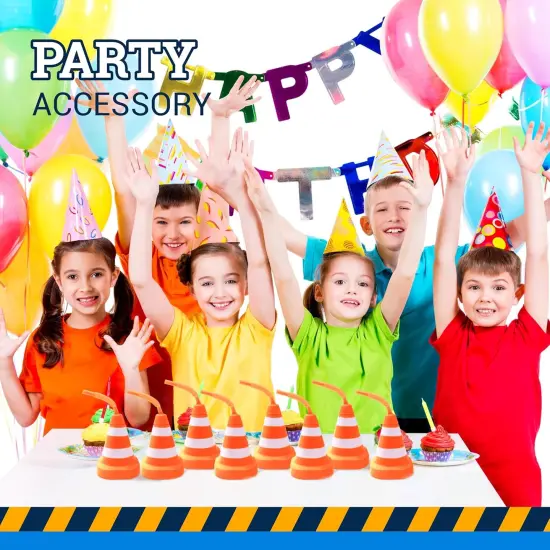 4E's Novelty 8-Pack Construction Cone Cups, 10oz Plastic Cup with Lid & Straws, Construction Theme Party Cups {6}