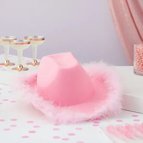 Cowboy Hats for Women and Men - Fluffy, Sparkly Pink Cowgirl Hat with Feathers for Costume, Dress Up Birthday, Party {3}