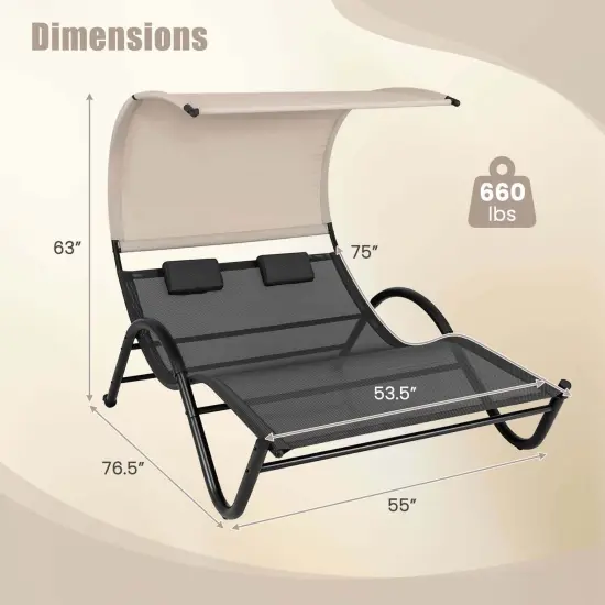 Costway Outdoor Double Chaise Lounge Chair with Sunshade Canopy & Headrest Pillows {3}