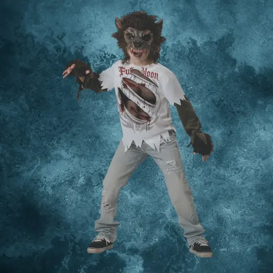 Boys Werewolf Costume with Mask and Gloves for Halloween Dress Up White/Brown {4}