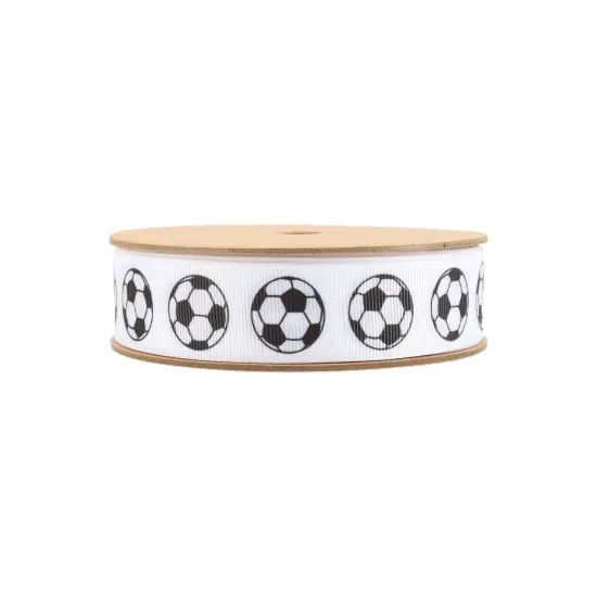 LaRibbons 1" Printed Grosgrain Ribbon | Soccer Balls on White | 25 Yard Roll {2}
