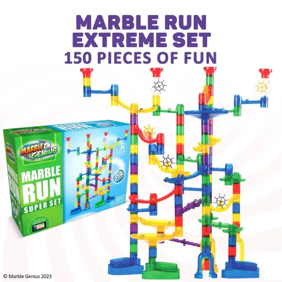 Marble Genius Marble Run Super Set - 150 Complete Pieces (85 Translucent Marbulous Pcs + 65 Glass Marbles Set), Marble Run for Kids 3-14 & Toddlers, Toy Marbles Maze Track Racing Game {2}