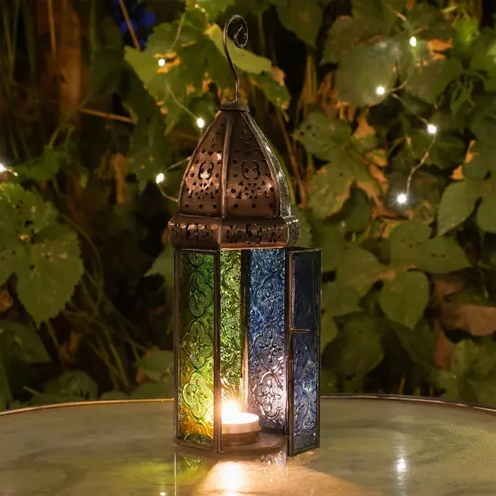 In the Breeze 9212 — Blue & Green Large Hex Tealight Lantern — Moroccan-Style Boho Chic Tealight Glass and Metal Tabletop Lantern {3}