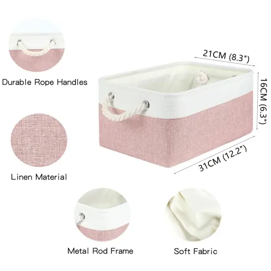 LordCom Storage Bins with Sturdy Cotton Handles(1 Pack), Fabric Storage Baskets for Organizing use for Office & Home, Book, Clothes, Toys, Closet Boxes (Small, Pink-White, 12.2x8.3x6.3 inches) {3}