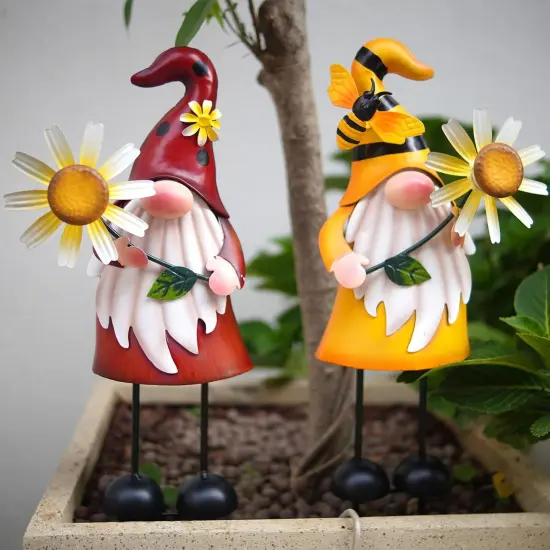 Metal Gnome Yard Art - Metal Gnome Statue -Outdoor Garden Gnome Decorations - Bee and Ladybug Art Sculpture- Christmas Holiday Lawn Patio Yard Garden Decor (Set of 2) {3}
