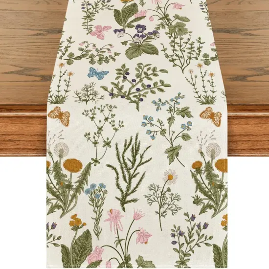 Wildflowers Floral Spring Table Runner, Butterfly Seasonal Summer Kitchen Dining Table Decoration for Home Party Decor 13x90 Inch {1}