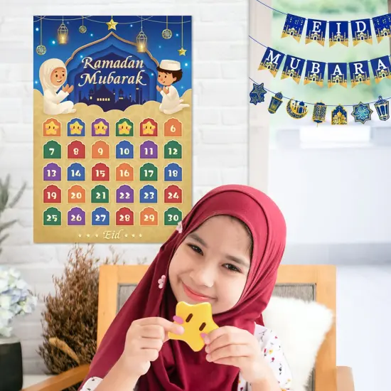 AhfuLife Ramadan Eid Mubarak Countdown Calendar Decoration for Kids, 2025 Eid Mubarak Gift Decorations, 30 Days and 30 Reusable Stars Eid Countdown Poster Wallchart for Home Kids Gift {3}