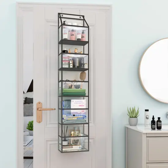 The Door Hanging Pantry Organizer 5-Shelf Room Organizer with Clear Plastic Pockets Behind The Door Storage Organizer Large Capacity Organizer for Closet Bedroom Bathroom (Grey) {4}