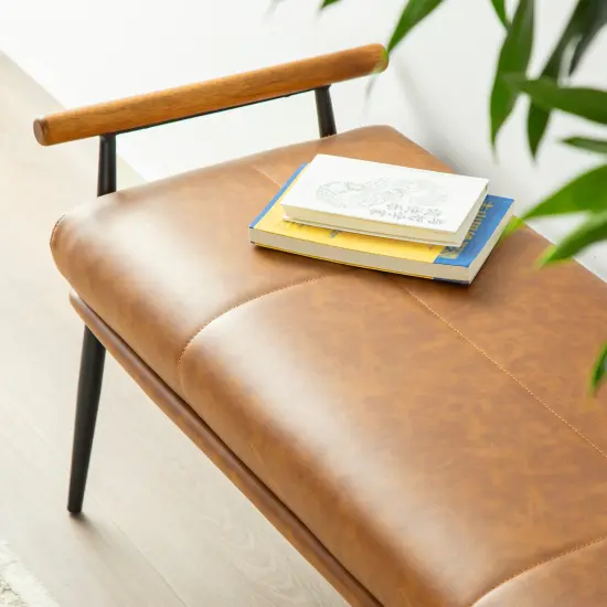 48.25"W Modern Brown Upholstered Bench with Wooden Arms and Metal Legs {5}