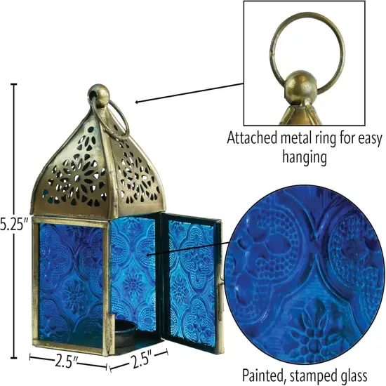 In the Breeze 9201 &mdash; Blue Mini Square Tealight Lantern &mdash; Moroccan-Style Boho Chic Tealight Glass and Metal Tabletop Lantern {5}