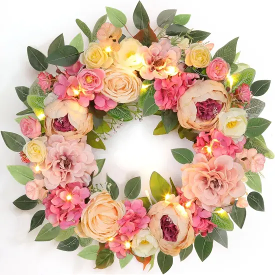 Peony Floral Wreath 22" Spring Wreaths for Front Door & Lights Timer Large Pink Peonies {1}