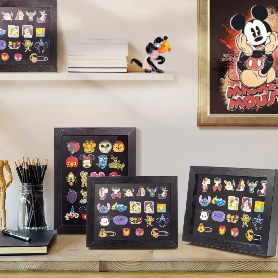 Pin Display Frame, 7x9 Shadow Box for Wall and Tabletop Mount, Pin Collection Display, Brooch Holder for Enthusiast, Black {3}