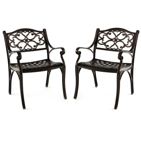 Cast Aluminum Dining Chairs Set Of 2 With Patio Chairs Armrests Flower Pattern-Bronze {1}