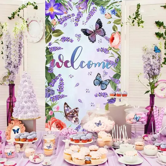 Purple Welcome Butterfly Door Cover Welcome Summer Door Decorations Banner Butterfly Flower Porch Banner Sign Photo Background for Summer Spring Seasonal Welcome Holiday Party Indoor Outdoor Decor {3}