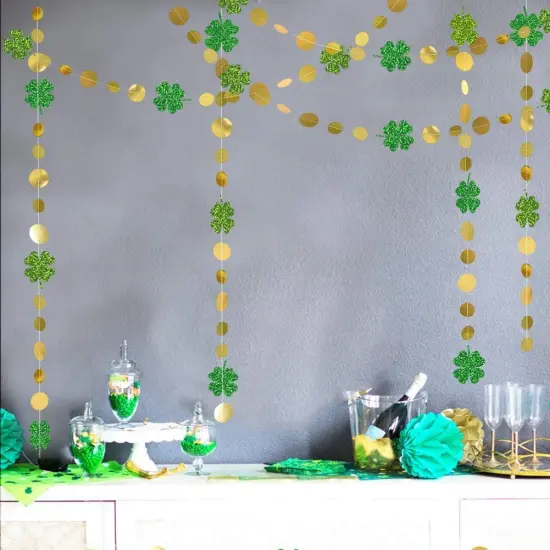 Cheerland Green Shamrock Garland St Patricks Day Decorations - 4 Leaf Clover Glitter St Paddy's Day Garland Hanging Streamers for St. Patrick's Day Irish Party Supplies and Spring Decor - 52Ft {4}