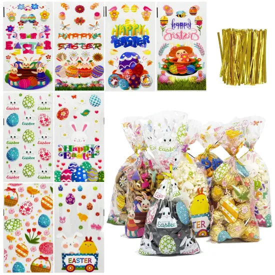 Wrapables Easter Cellophane Treat Bags With Twist Ties for Candy, Cookies, Treats, Gifts and Party Favors (100pcs), Happy Easter {1}
